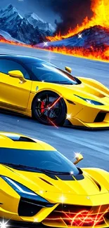 Yellow sports cars racing against a fiery mountain backdrop.