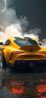 Yellow sports car with lightning in background