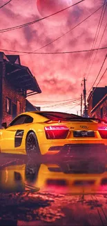 Yellow sports car under dramatic dusk sky with moon.