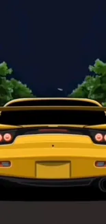 Yellow sports car under night sky with trees on either side.