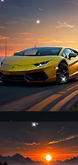 Yellow sports car driving at sunset on a scenic highway with mountains.