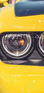 Close-up of a yellow sports car headlight with intricate design.