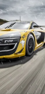 Yellow sports car speeding on a wet track.