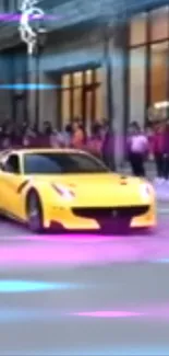 Yellow sports car turning a city corner.