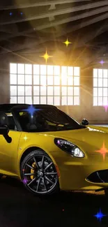 Yellow sports car with sunlight in industrial setting wallpaper.