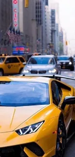 Yellow sports car driving in city traffic, showcasing urban lifestyle.