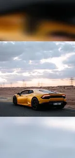 Luxurious yellow sports car on a desert road at sunset.