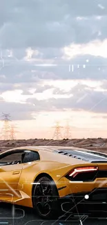 Yellow sports car on desert road at sunset.