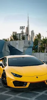 Yellow sports car in urban setting, modern and stylish.