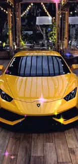 Yellow sports car in luxurious setting with modern design.