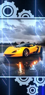 Sleek yellow sports car on a reflective surface with cloudy skies.