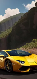 Yellow sports car on scenic mountain road wallpaper.