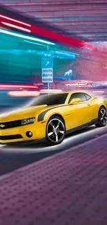 Yellow sports car with colorful light trails in urban setting.