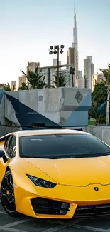 Yellow sports car with urban skyline background.