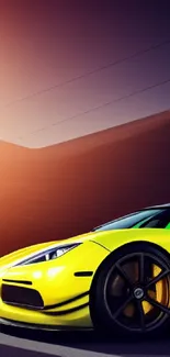 Yellow sports car at sunset on highway.