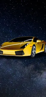 Sleek yellow sports car against a cosmic starry background wallpaper.