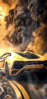 Yellow sports car with dramatic smoke background.