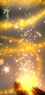 Sparkling golden fairy themed wallpaper with glowing hands.