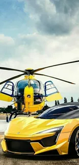 Yellow supercar and helicopter on airstrip.