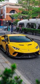 Yellow supercar on a bustling city street, surrounded by urban scenery.