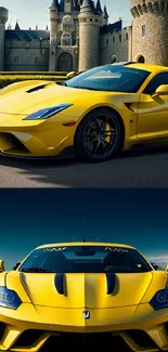 Yellow supercar in front of castle, front and side views.