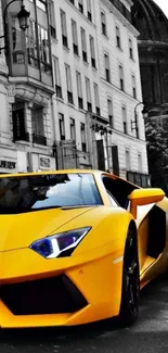 Yellow supercar parked downtown with classic city background.