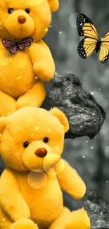 Yellow teddies with butterfly on gray background.