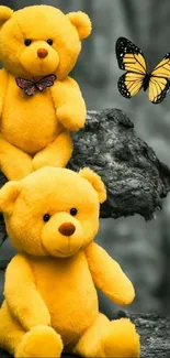 Yellow teddy bears and butterfly on a branch mobile wallpaper.