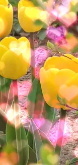 Vibrant yellow tulips with colorful heart bokeh effect wallpaper.