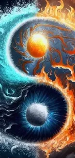 Yin Yang wallpaper with fire and water elements in abstract art.