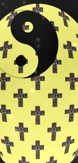 Yellow Yin Yang wallpaper with colorful crosses.