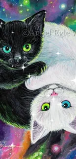 Colorful galaxy wallpaper with yin yang cats.