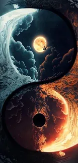 Yin yang celestial wallpaper with moon and sun design.