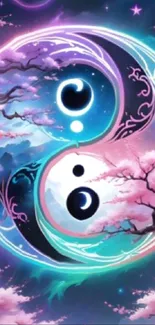 Colorful Yin Yang with cherry blossoms on night sky background.