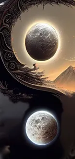 Cosmic yin yang wallpaper with celestial and earthly elements.