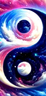 Yin Yang cosmic art wallpaper with vibrant colors.