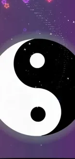 Yin Yang symbol on a purple cosmic background with stars.