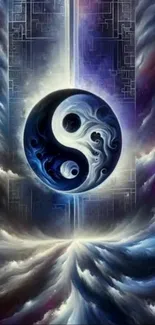 Yin Yang cosmic balance with abstract clouds.