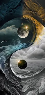 Yin Yang cosmic balance with celestial elements.