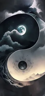 Yin Yang cosmic wallpaper with moon and clouds in a harmonious design.