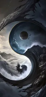 Yin Yang cosmic vortex with moon and mountains.