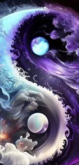 Abstract cosmic yin yang wallpaper with swirling blues and purples.