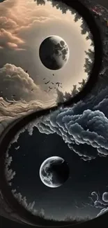 Yin Yang cosmic wallpaper with moons and clouds.