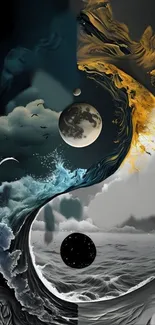 Yin Yang cosmic waves with moon and dreamy clouds in artful design.