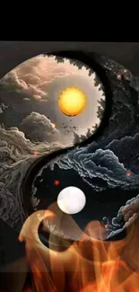 Mystical Yin Yang wallpaper with fire and clouds theme.