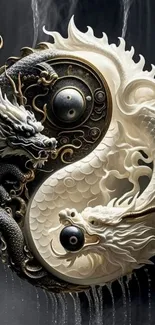 Intricate yin yang dragon wallpaper in black and white design.
