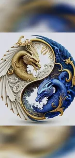 Elegant yin yang with golden and blue dragons intertwined in stunning symmetry.