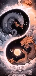 Intricate Yin Yang dragon artwork with cosmic background.