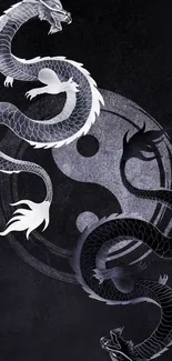 Yin Yang dragons on a dark gray background.