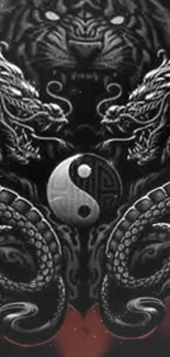 Yin yang surrounded by two black dragons on a mystical wallpaper.